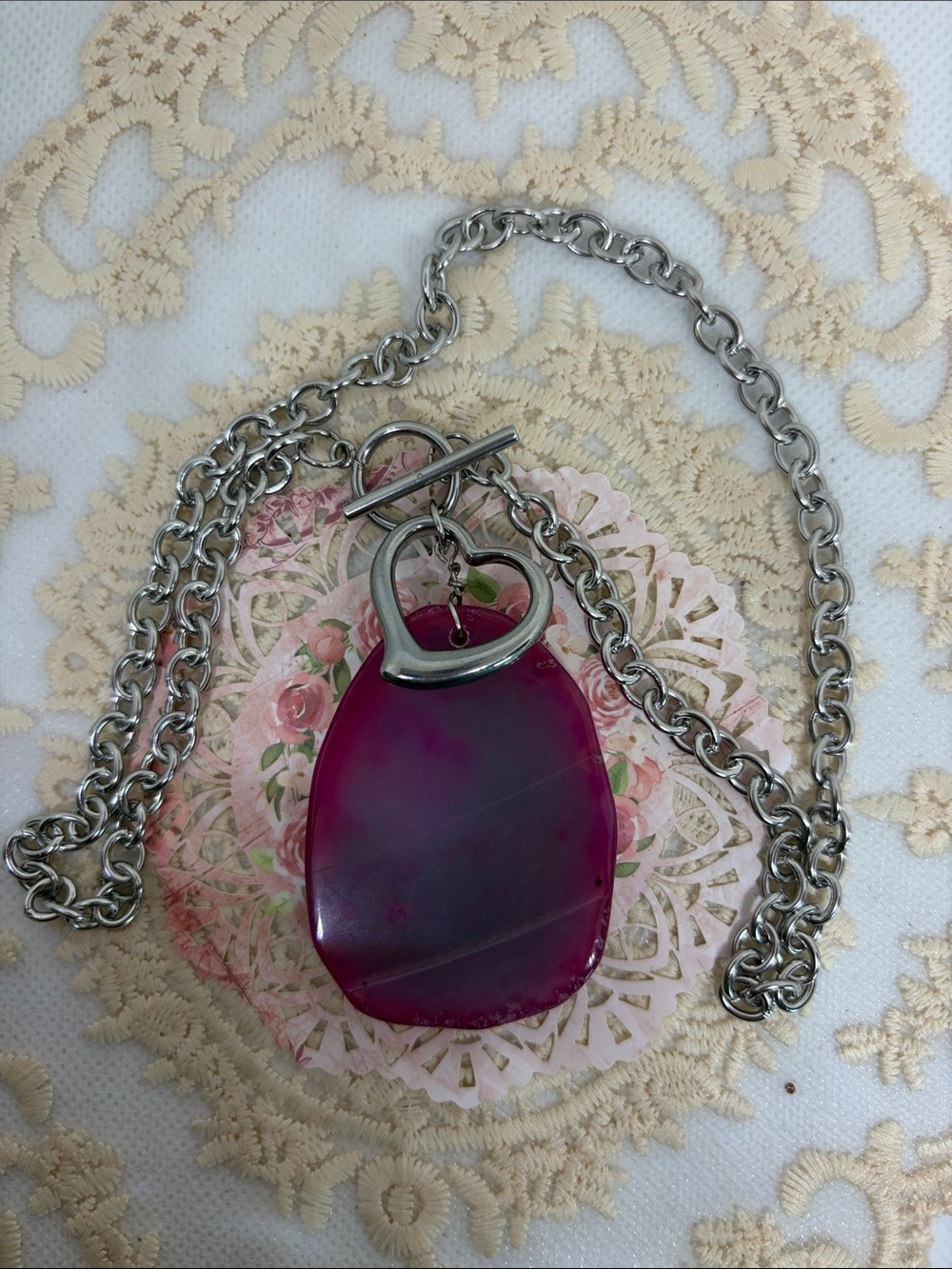 Handmade Pink Agate Slice Toggle Necklace | Romantic Boho Statement Jewelry